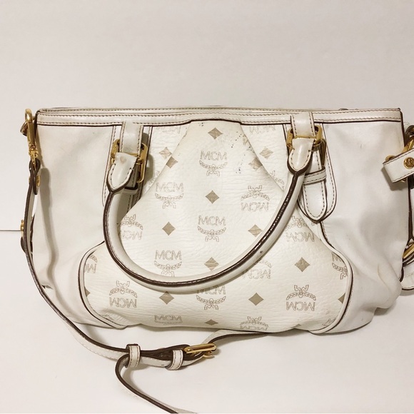 Authentic MCM Beige/White Leather Handbag Shoulder Bag With Adjustable Strap - Picture 2 of 16